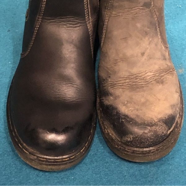 Støvler før og efter behandling med Denwax produkter
